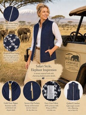 Crown & Ivy Navy Quilted Vest Sheep Print Lining Gold Zip Women’s Size L